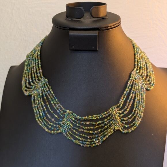 Hand Made Green Blue Seed Bead Collar Necklace - Picture 1 of 5